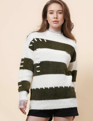 Ladies Faux Mink Color Block Striped Sweater SKT41056