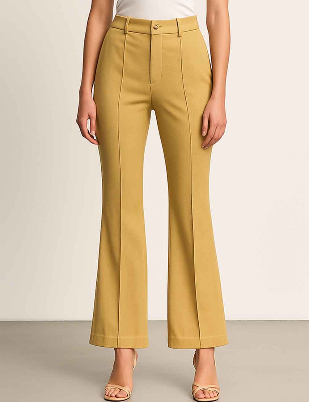 Ladies Solid Color Button Front Slight Bell Leg Trousers