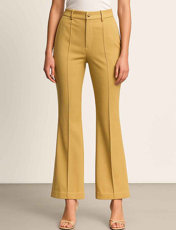 Ladies Solid Color Button Front Slight Bell Leg Trousers