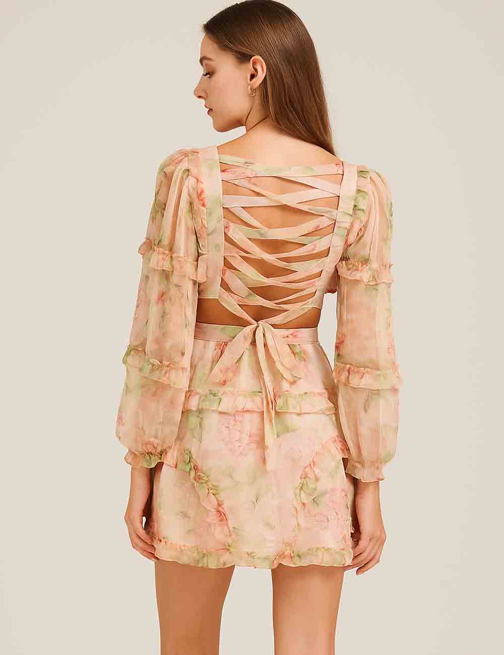 Ladies Floral Print Ruffle Trim Long Sleeves Mini Dress