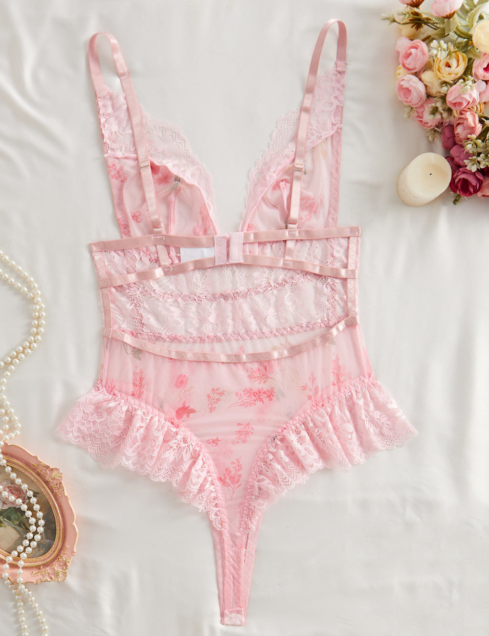 Ladies See Through Lace Floral Mesh Lingerie Teddy SKLG4137