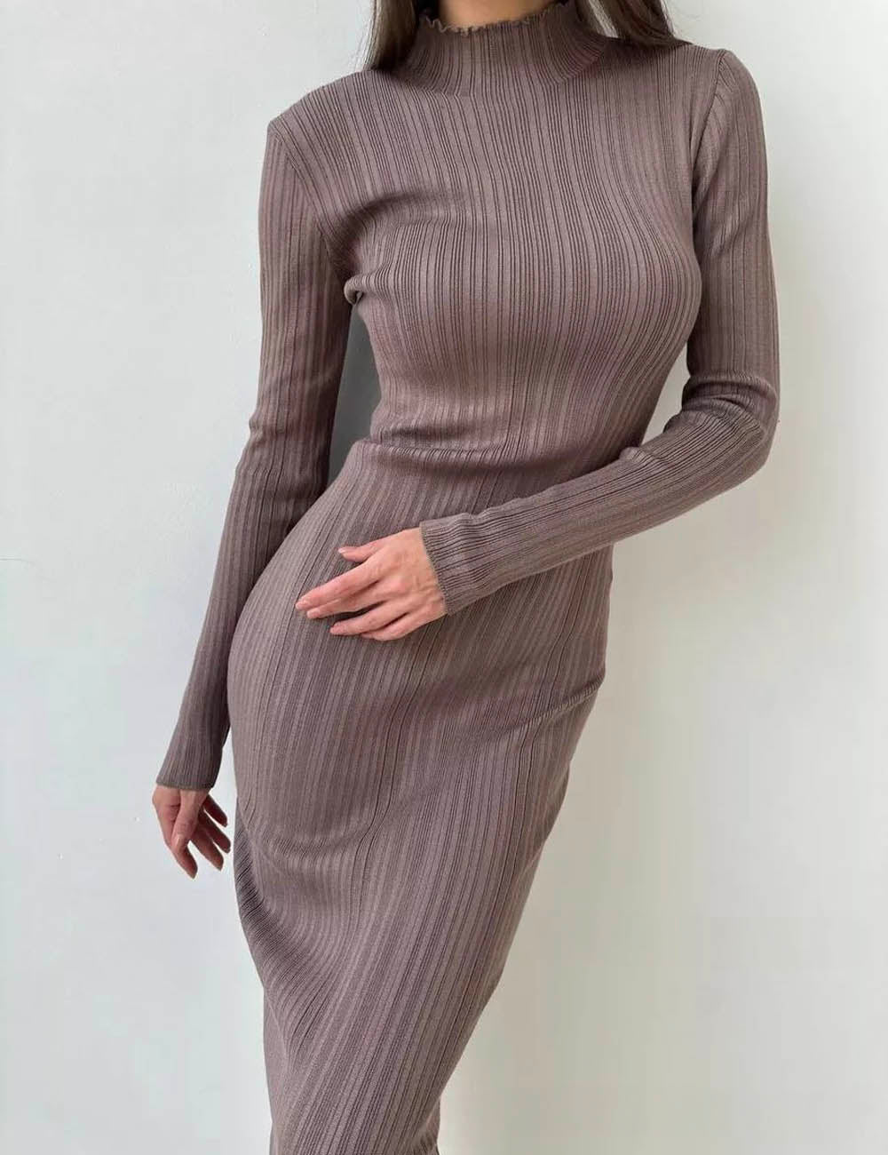 Ladies Turtle Neck Rib Knit Midi Dress SKD41190