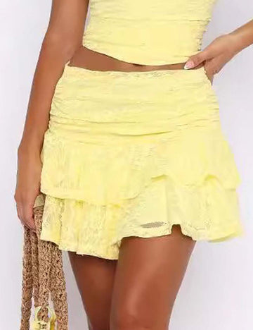 Ladies Solid Color Ruffle Lace Embroidery Mini Skirt