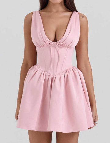 Ladies Solid Color Deep V-Neck Sleeveless Puff Mini Dress
