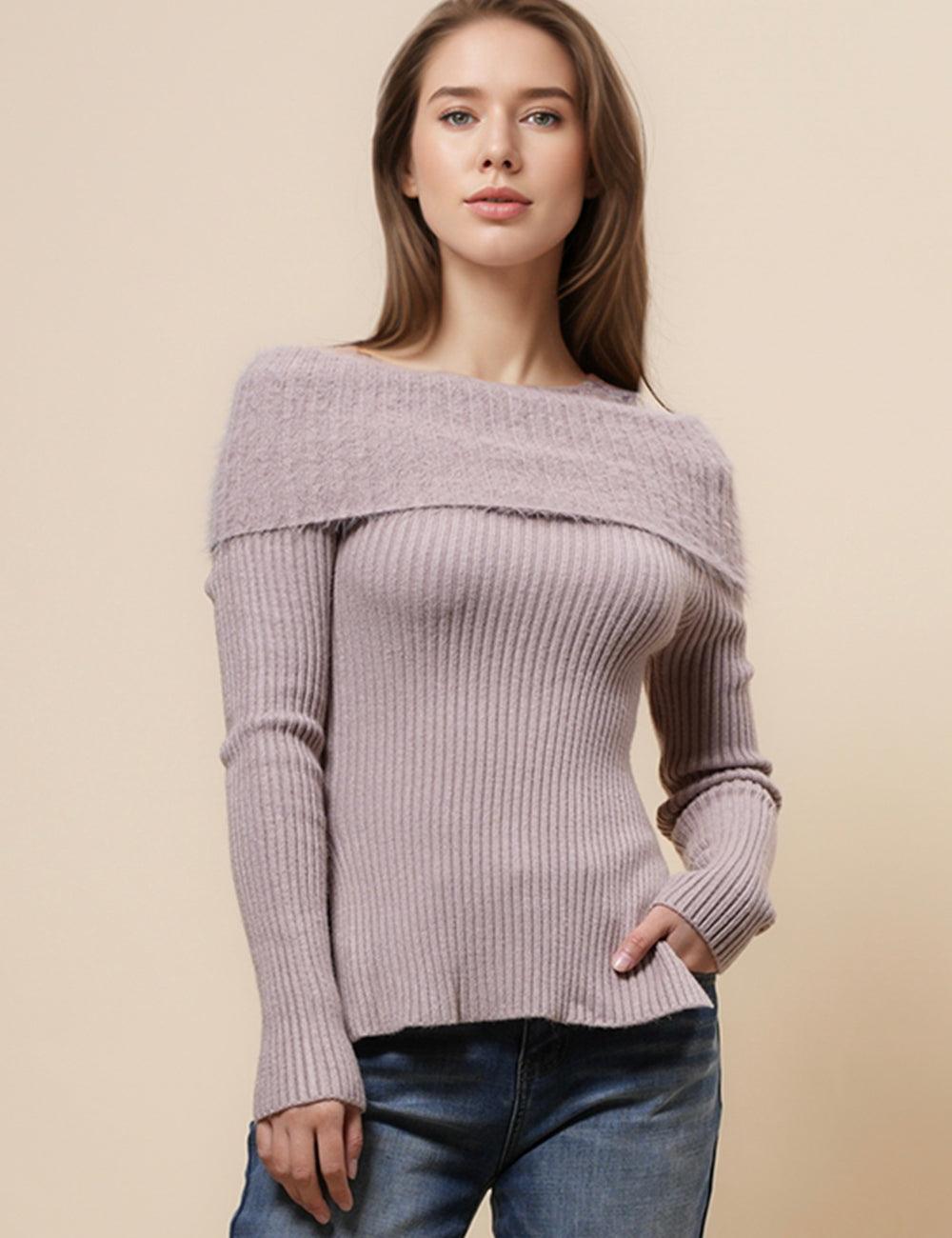 Ladies Folder Off Shoulder Faux Mink Pullover Sweater SKT4883