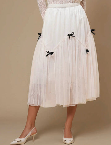 Ladies Gauzy Tiny Bowknot Color Block Midi Skirt SKS50450B