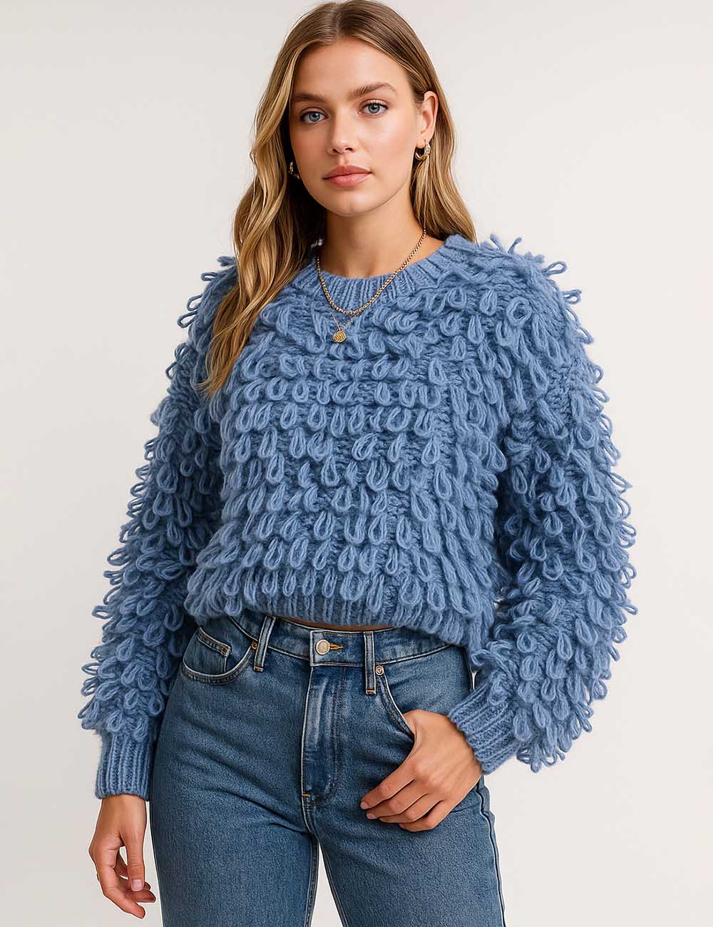 Ladies Loop Yarn Knit Balloon Sleeves Sweater Top
