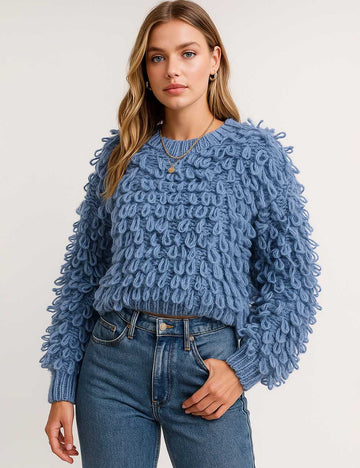 Ladies Loop Yarn Knit Balloon Sleeves Sweater Top