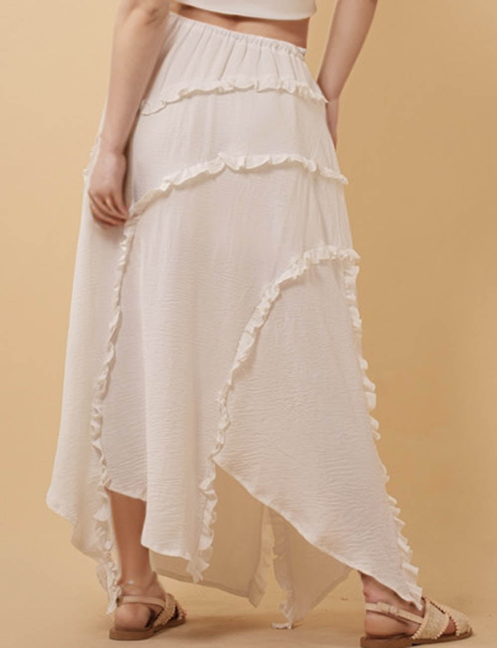 Ladies Solid Color String Tie Irregular Ruffle Midi Skirt 8SKS51151