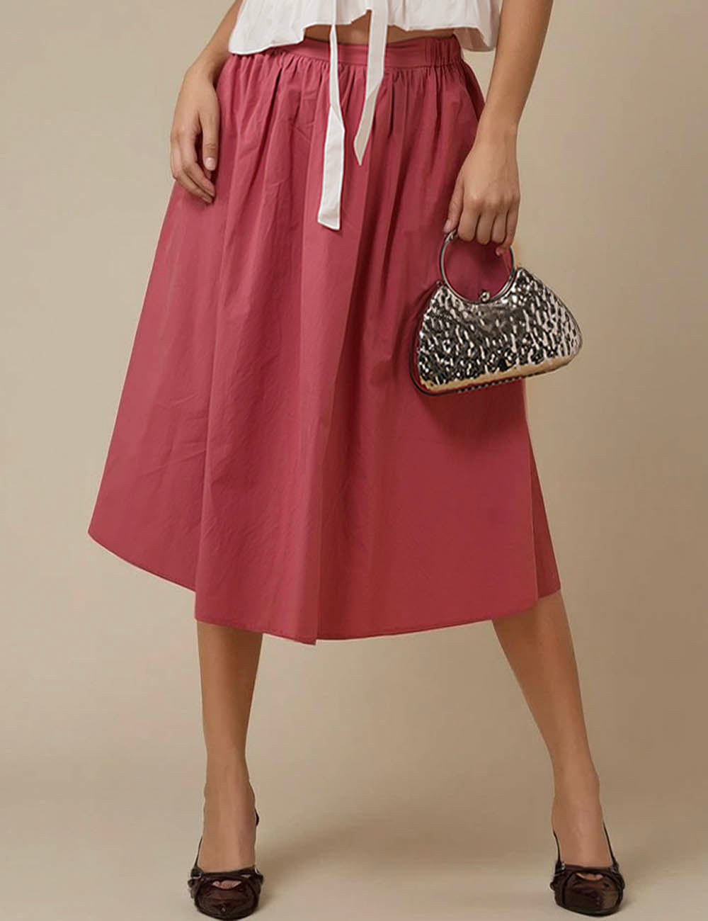 Ladies Solid Color Elastic Waist Midi Skirt SKS5K12