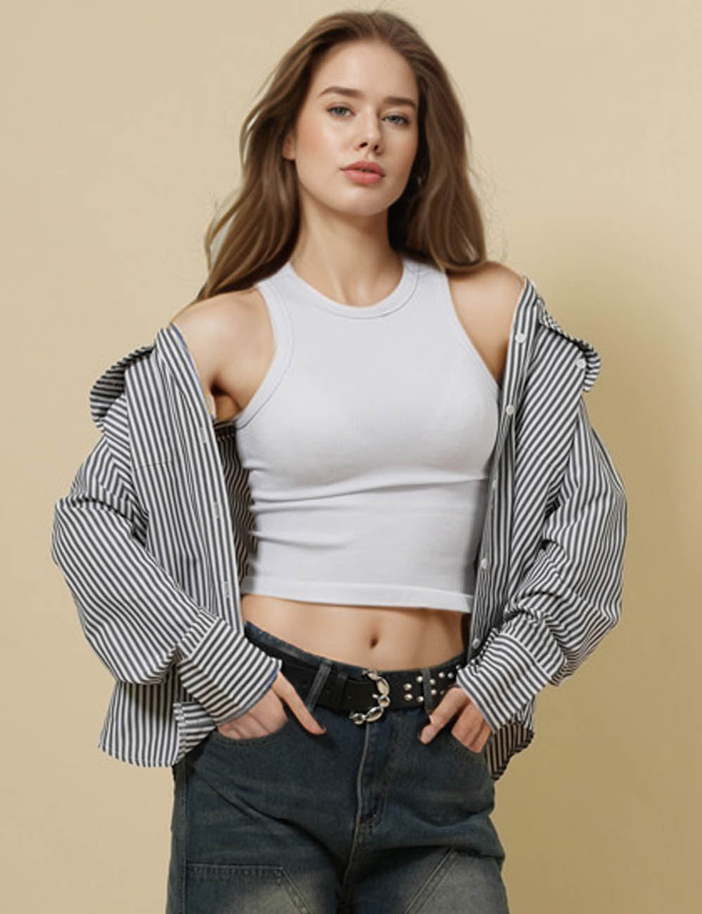 Ladies Color Block Turndown Striped Shirt 8SKT51157