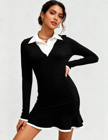 Ladies Polo Collar Color Block Ruffle Hem Mini Dress