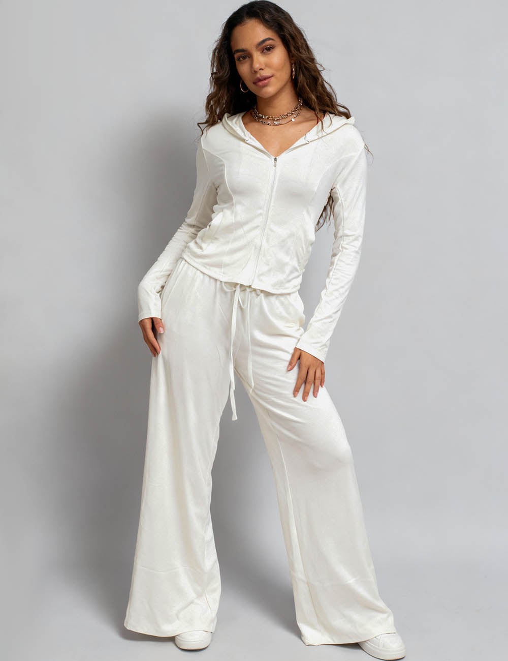 Ladies Hoodie Zipper Front Sweatshirt & Wide Leg Pants Set