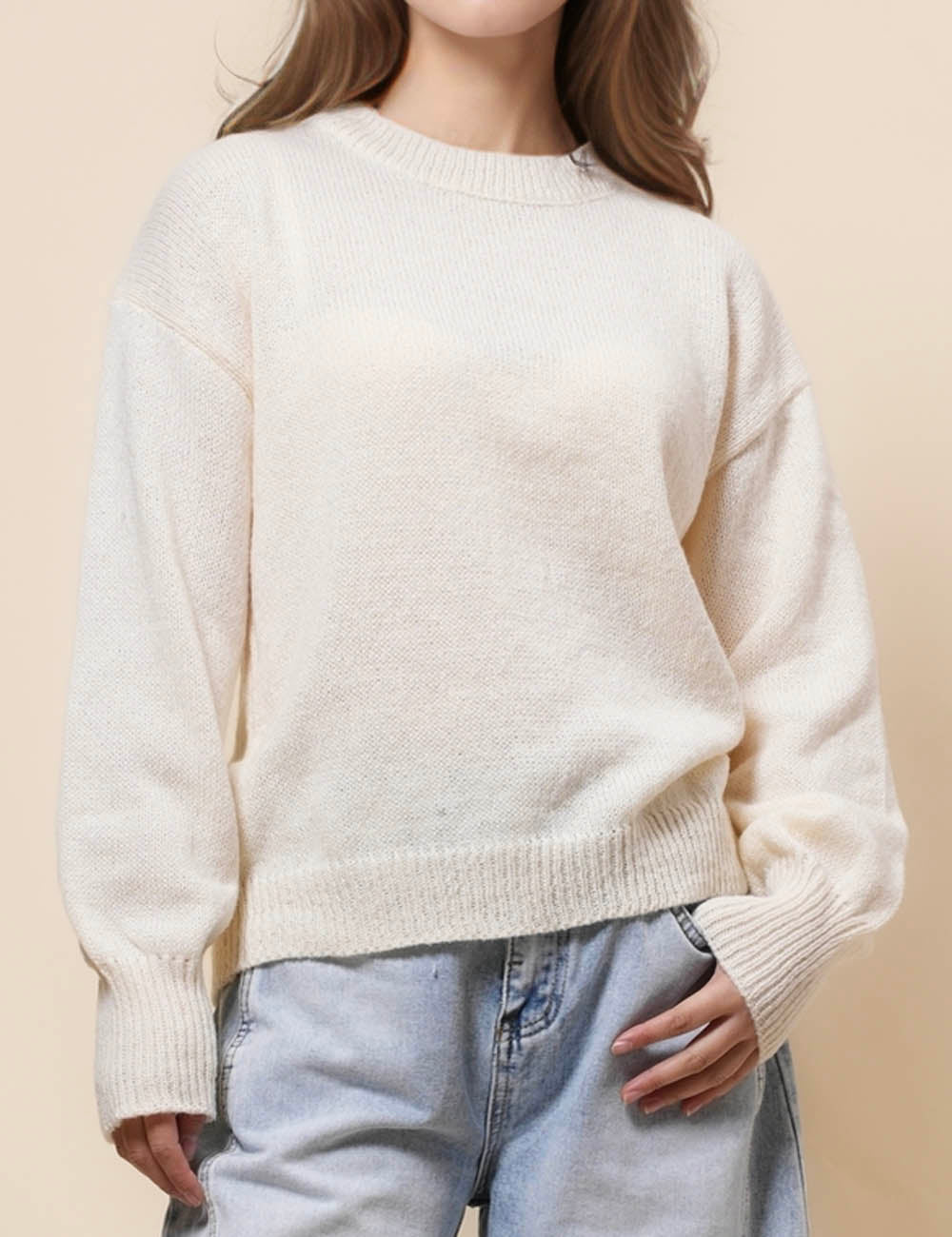 Ladies Solid Color Round Neck Pullover Sweater SKT41159
