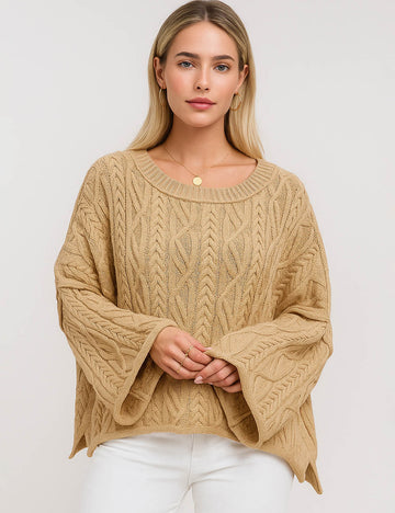 Ladies Geometric Pattern Rolled Edge Hem Pullover Knit Sweater