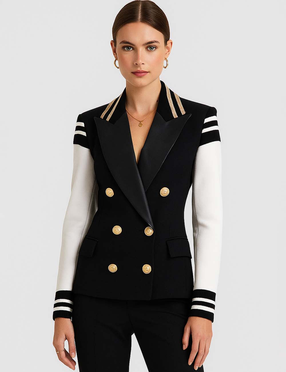 Ladies Color Block Patchwork PU Double Breast Long Blazer
