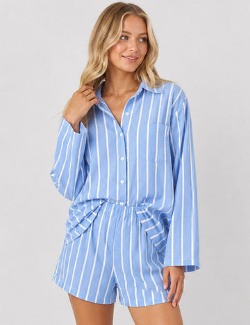 Ladies Striped Button Down Blouse & Shorts Matching Set