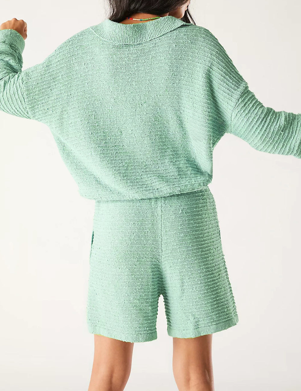Ladies Solid Color Sweater Shorts 2PCS Set SKST41173