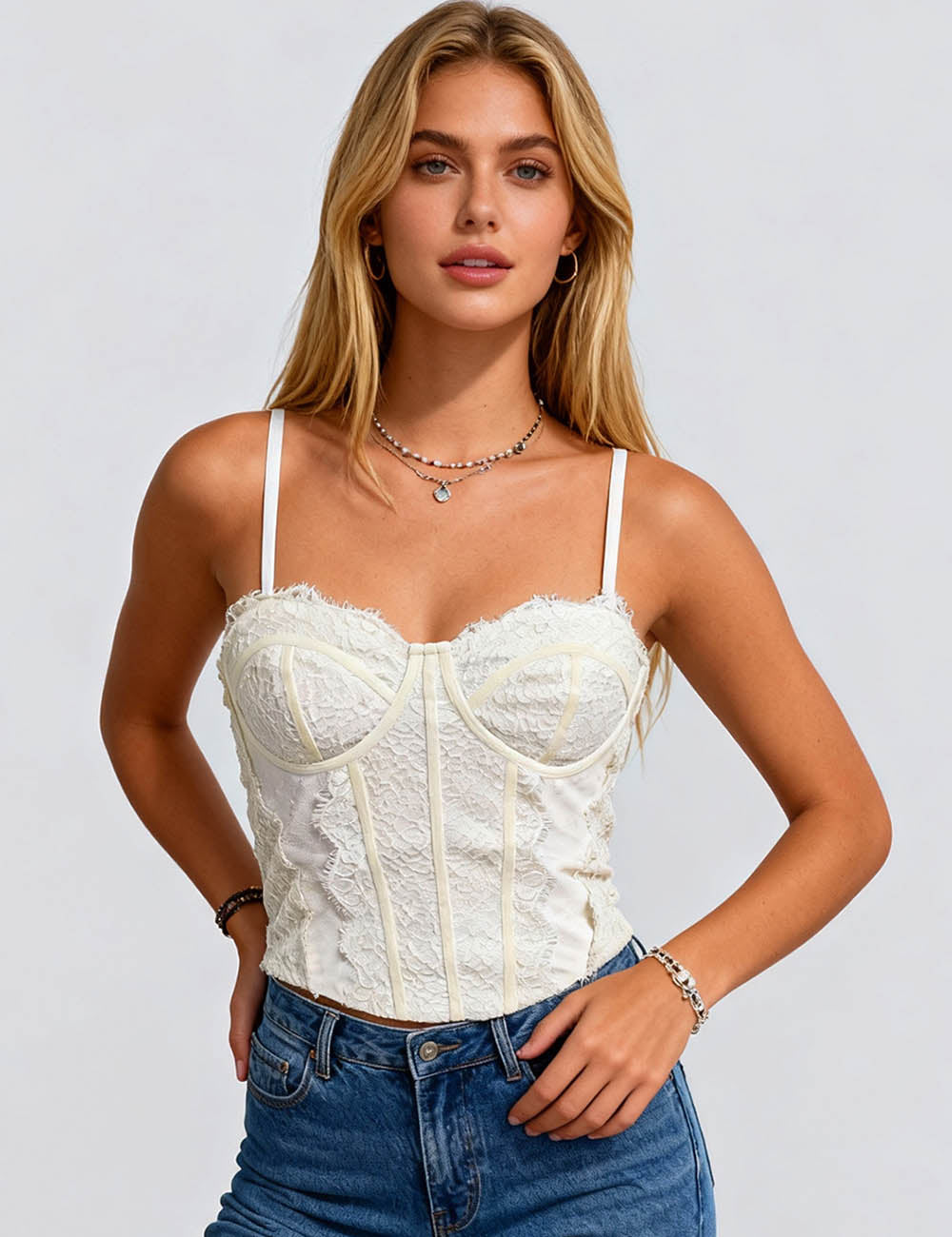 Ladies Lace Jacquard Corset Sweetheart Neckline Cami Top