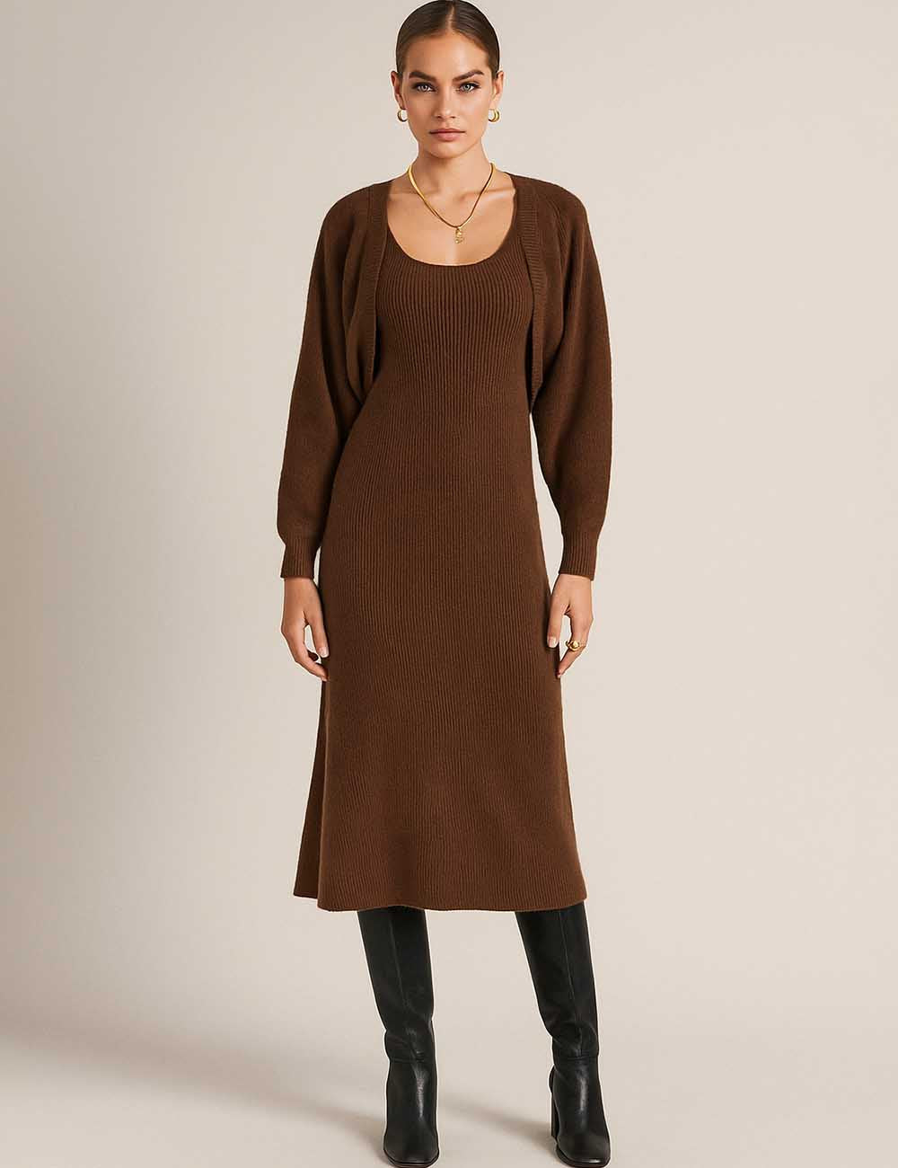 Ladies U-Neck Tank Midi Dress Cropped Cardigan Knit Set