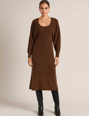 Ladies U-Neck Tank Midi Dress Cropped Cardigan Knit Set