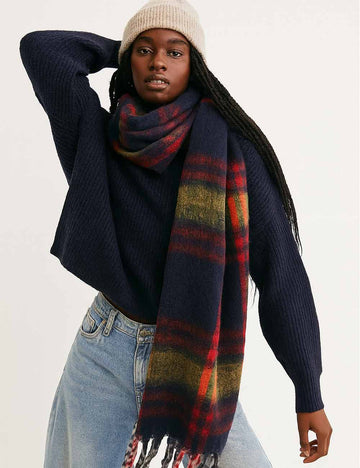 Ladies Winter Bouclé Yarn Checked Fringe Shawl Knit Scarf