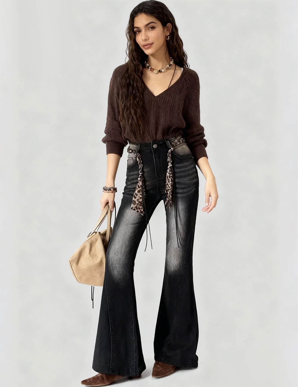 Ladies Vintage Jeans Fleece Lining Flared Leg Denim Pants