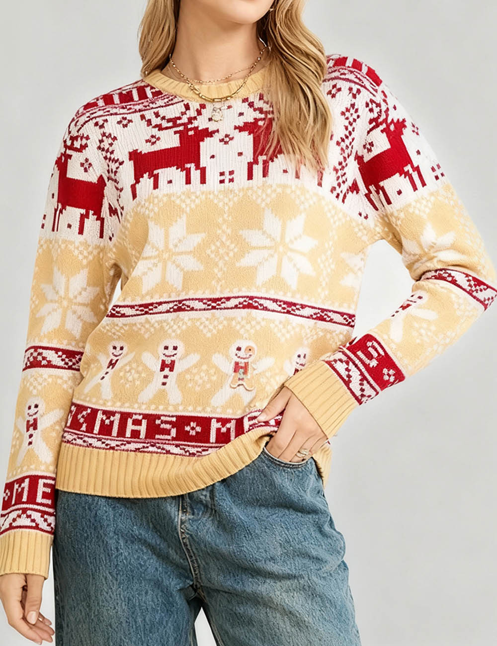 Ladies Christmas Fair Isle Reindeer Snowflake Knit Sweater