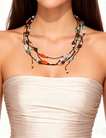 Ladies Colorful Beaded Gold Accent Layered Rope Necklace