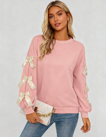 Ladies Cute Round Neck Bow Sleeves Pullover Sweatshirt