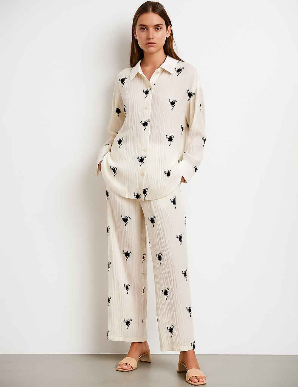 Ladies Embroidery Beading Wide Leg Shirt Top & Pants Set
