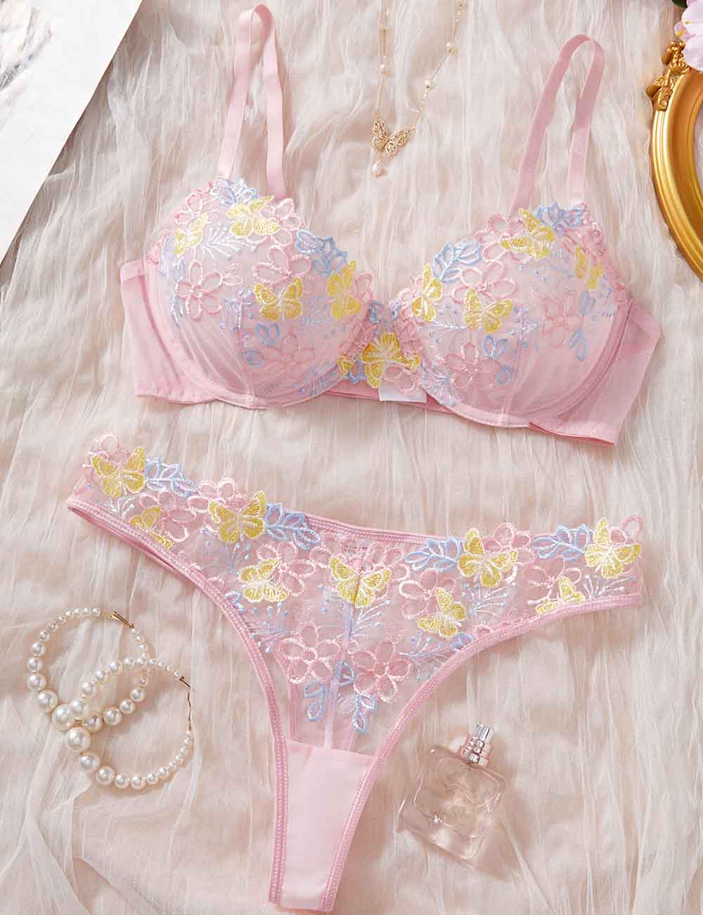 Ladies Sexy Butterfly Floral Embroidery Lingerie Set