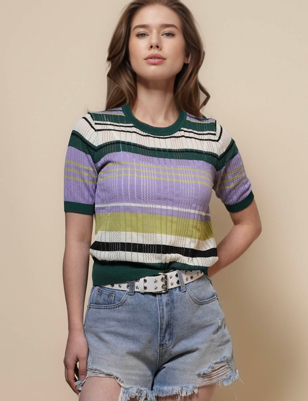 Ladies Short Sleeves Light Knit Pullover Top SKT50158