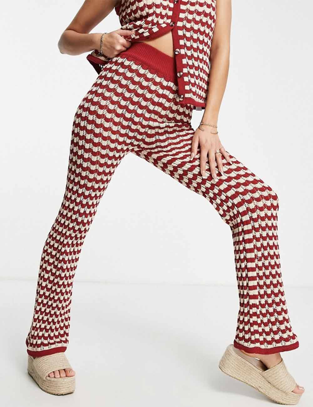 Ladies Color Block Zigzag Pattern Button Crochet Knit Vest & Pants 2PCS Set