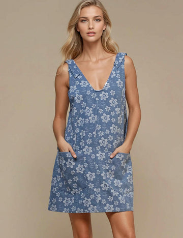 Ladies Strape Shoulder V-neck Denim Mini Dress SKD50004