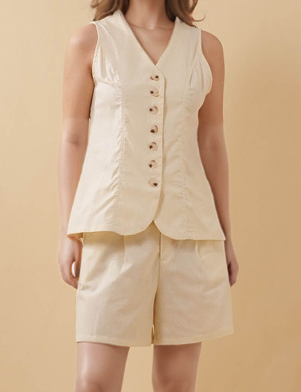 Ladies Solid Color V-Neck Button Sleeveless Vest Top & Shorts