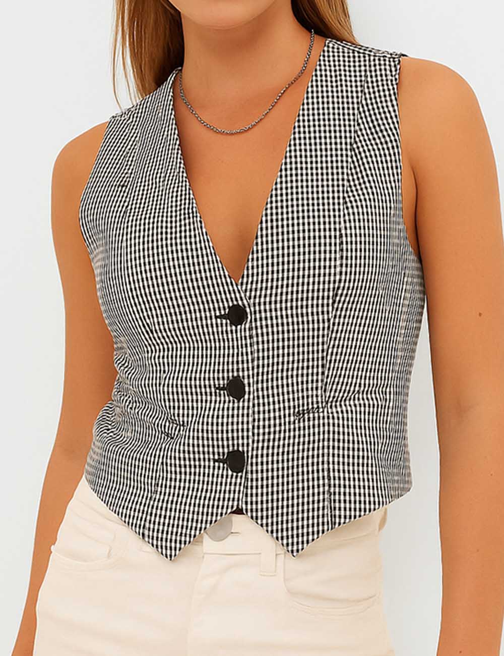Ladies Striped V-Neck Button Cropped Waistcoat Top