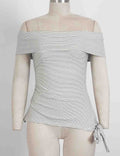 Ladies Striped Off-Shoulder Side Drawstring Top