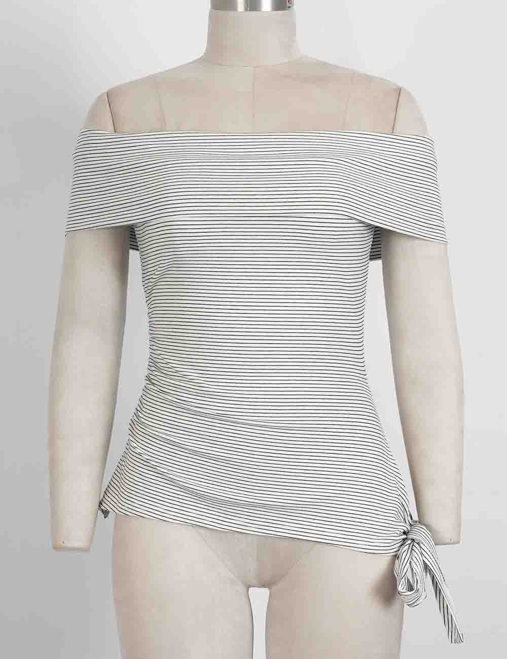 Ladies Striped Off-Shoulder Side Drawstring Top