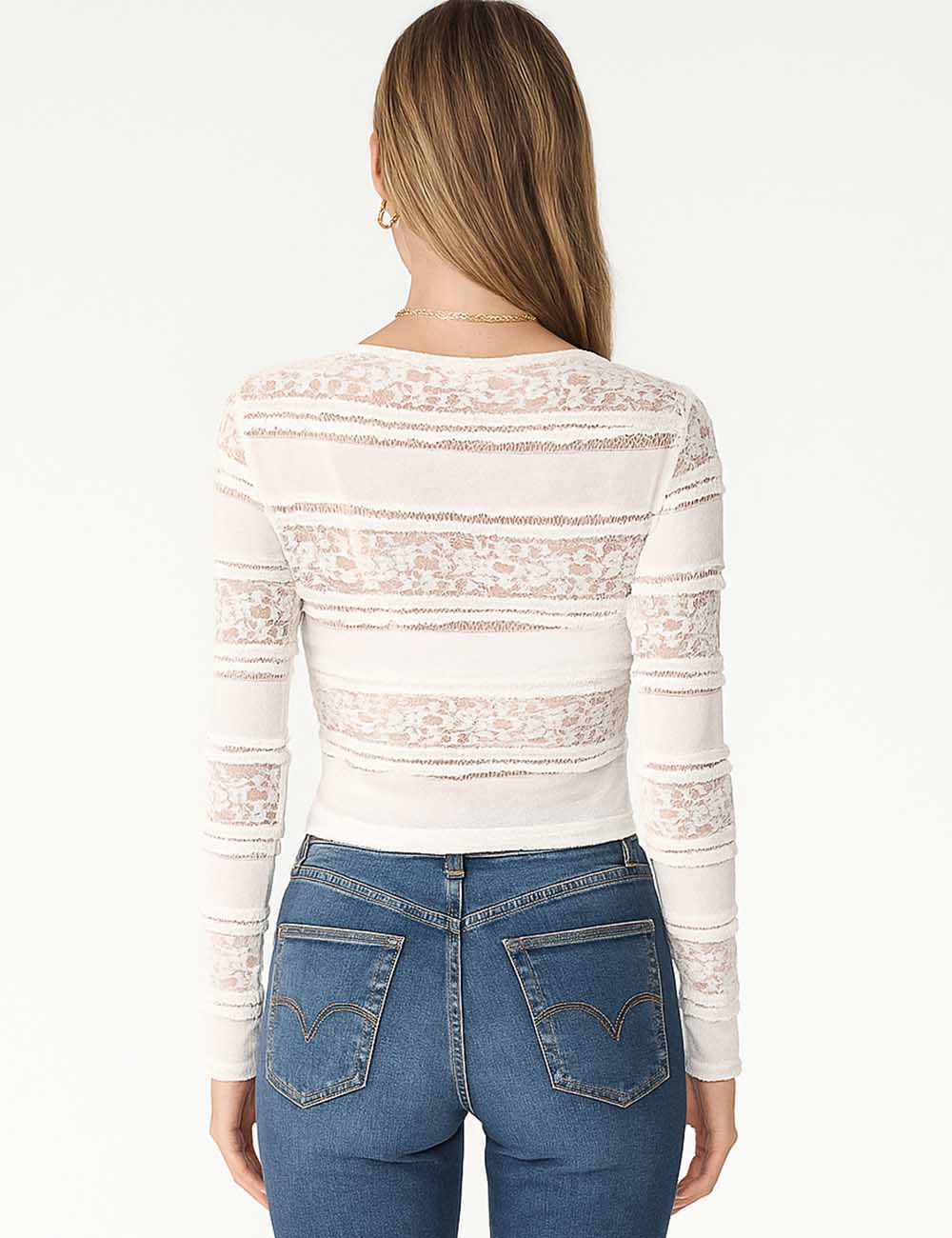 Ladies Lace Panel Top V-Neck Button Front Sheer Cardigan