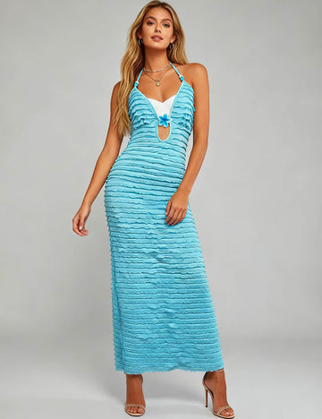 Ladies Halter Deep V Cutout Side Split Ruffle Maxi Dress