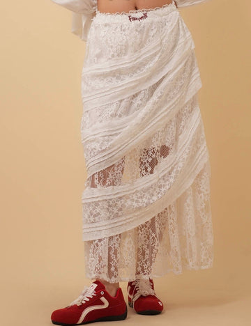 Ladies Lace Skirt Elastic Waist Ruffle Maxi Skirt 8SKS51253