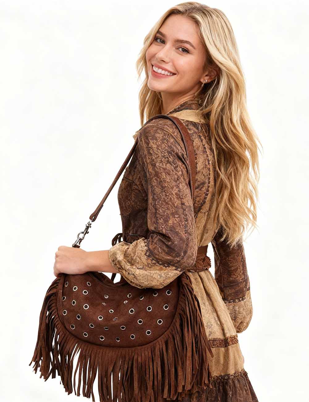 Ladies Vintage Fringe Studded Suede Shoulder Bag