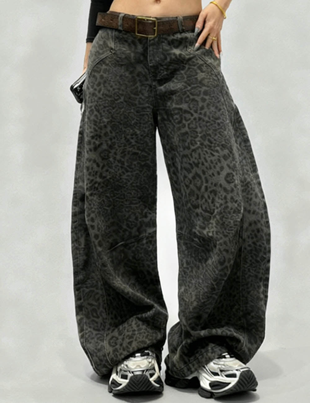 Ladies Leopard Print Fleece Lined Barrel Leg Denim Pants