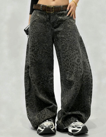 Ladies Leopard Print Fleece Lined Barrel Leg Denim Pants