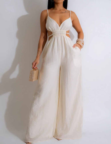 Ladies Solid Color Stripe Shoulder Backless Jumpsuit