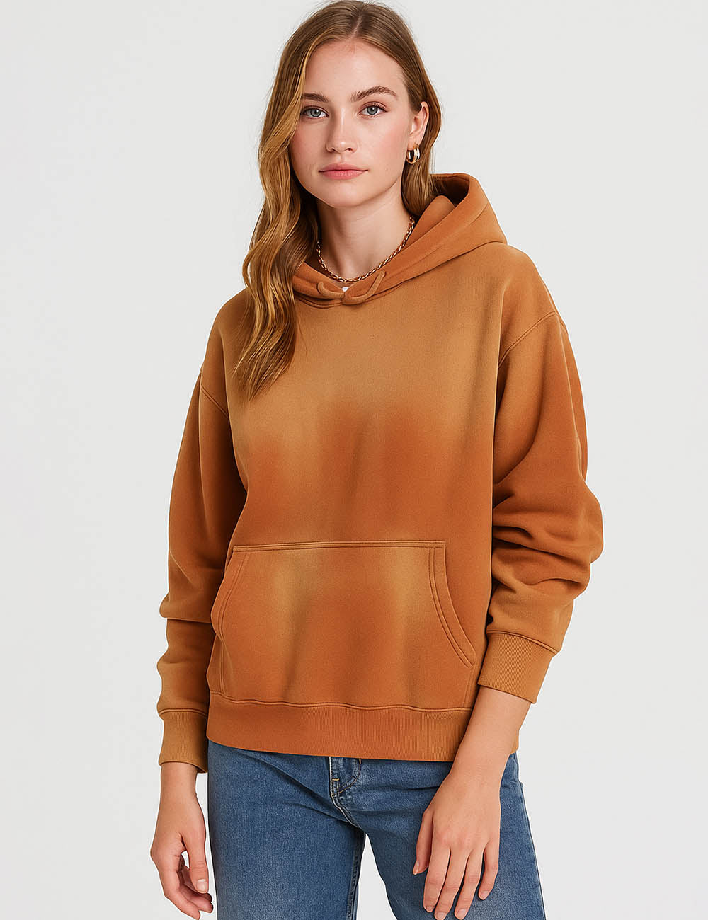 Ladies Fleece Color Block Pullover Kangaroo Pockets Hooded Sweatshirt