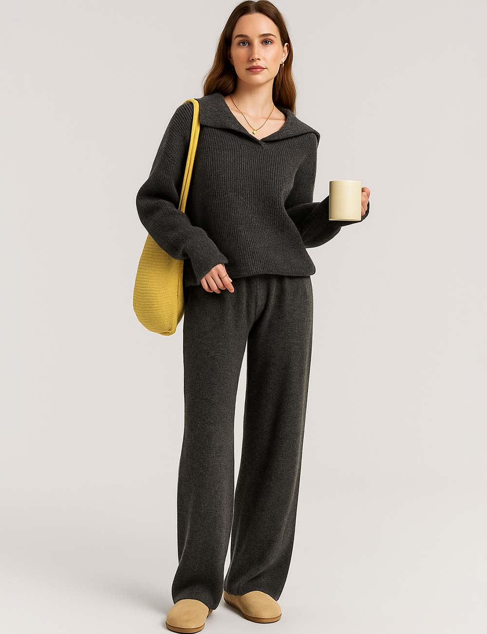 Ladies Solid Color V-Neck Long Sleeves Knit Sweater Set