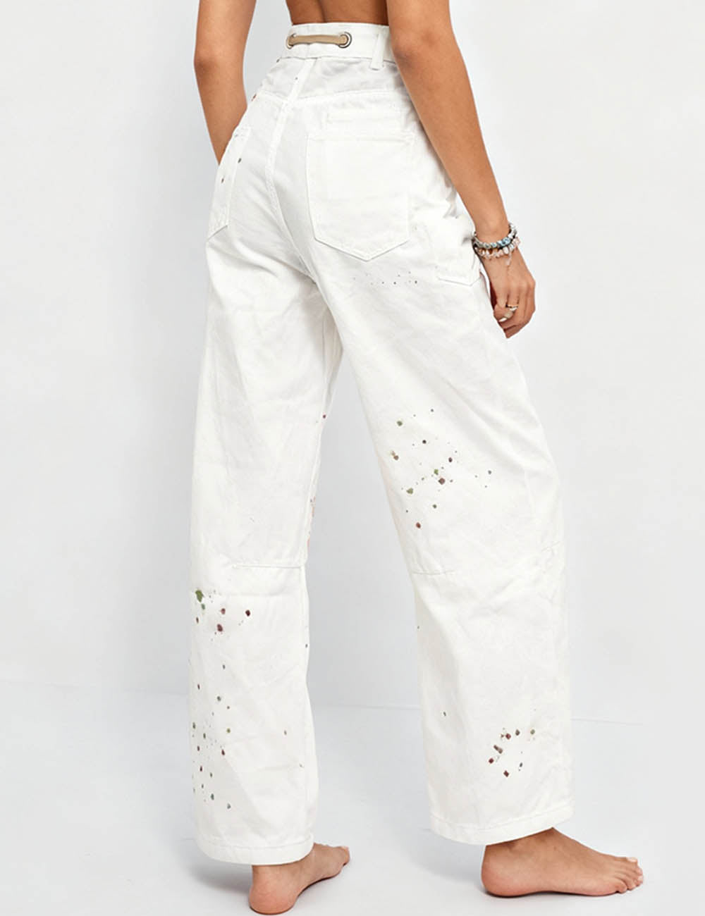 Ladies Paint Splatter Patchwork Drawstring  Denim Pants