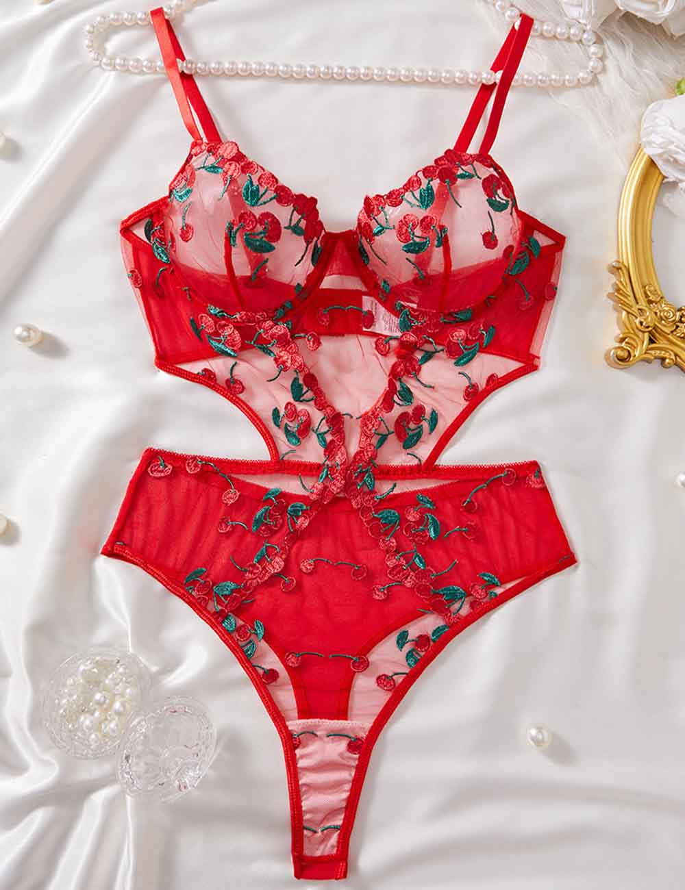 Ladies Sexy See Through Cherry Embroidery Lingerie Teddy